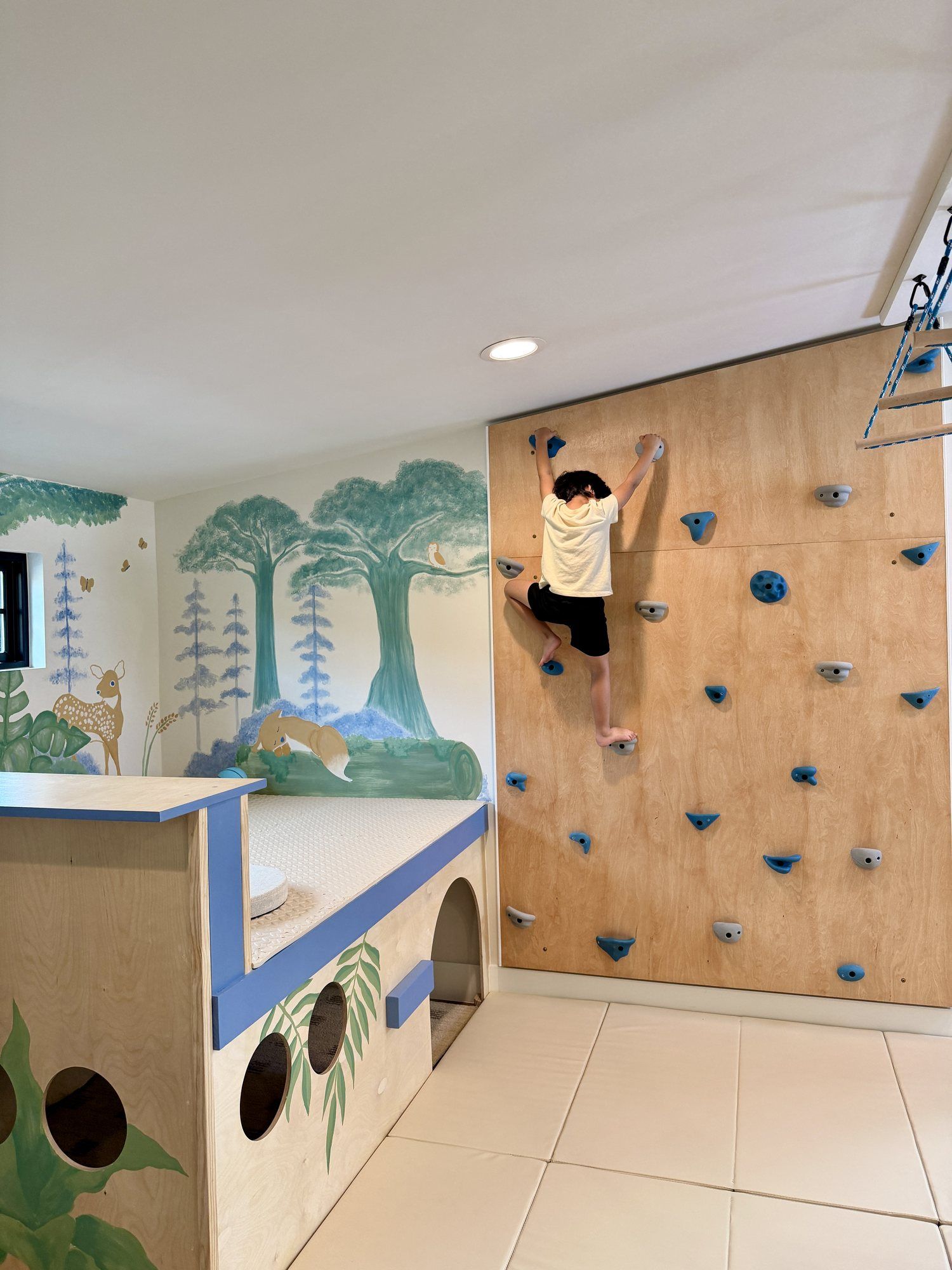 A child on the climbing wall beside the forest mural