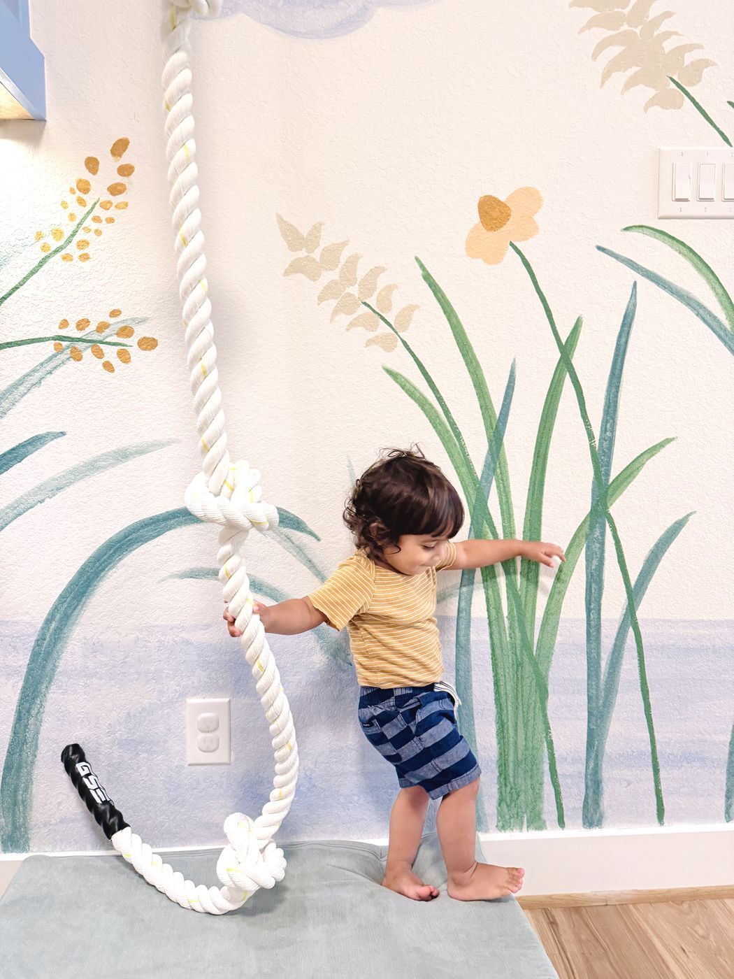 Child rope swing meadow mural