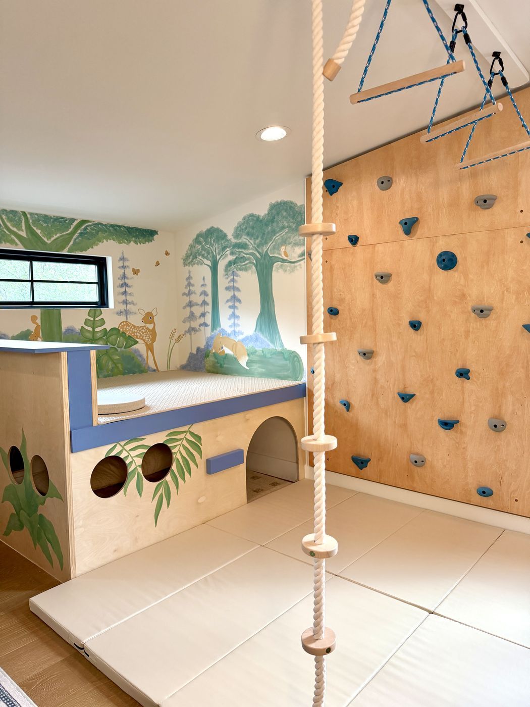 Climbing rope platform and forest mural