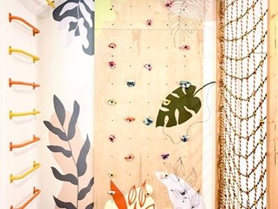 A birch climbing wall with painted leaves and a rope net