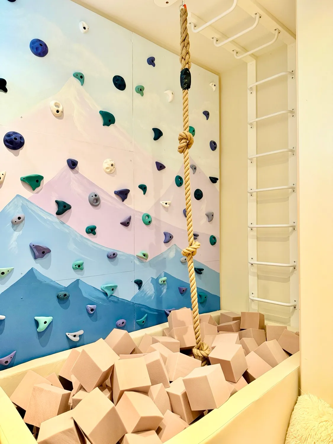 A painted mountain climbing wall above a foam pit, with a knotted climbing rope and white monkey bars