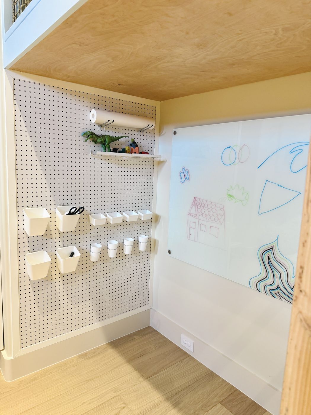 Pegboard art supply storage whiteboard