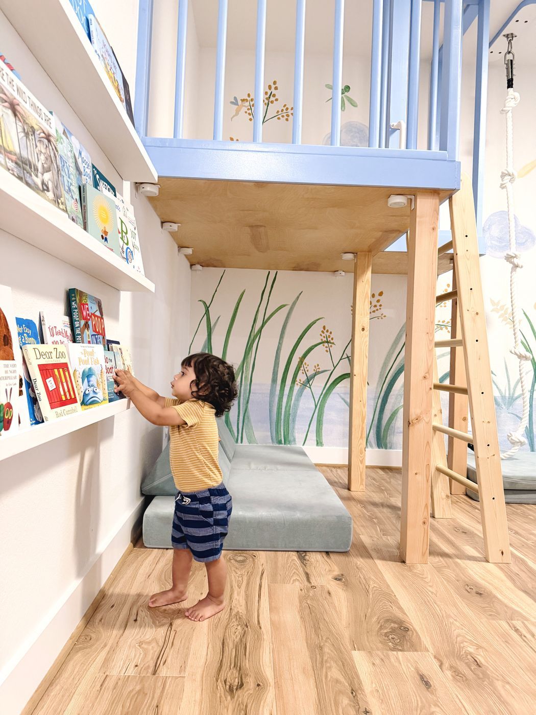 Toddler reaching front facing bookshelves